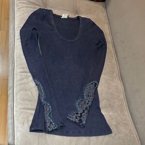 Free People Midnight Blue Lace Accent Blouse